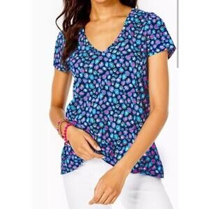 Lilly Pulitzer Etta V-Neck Cotton Top Seabreeze Blue Low Tide Navy Spotted Wild